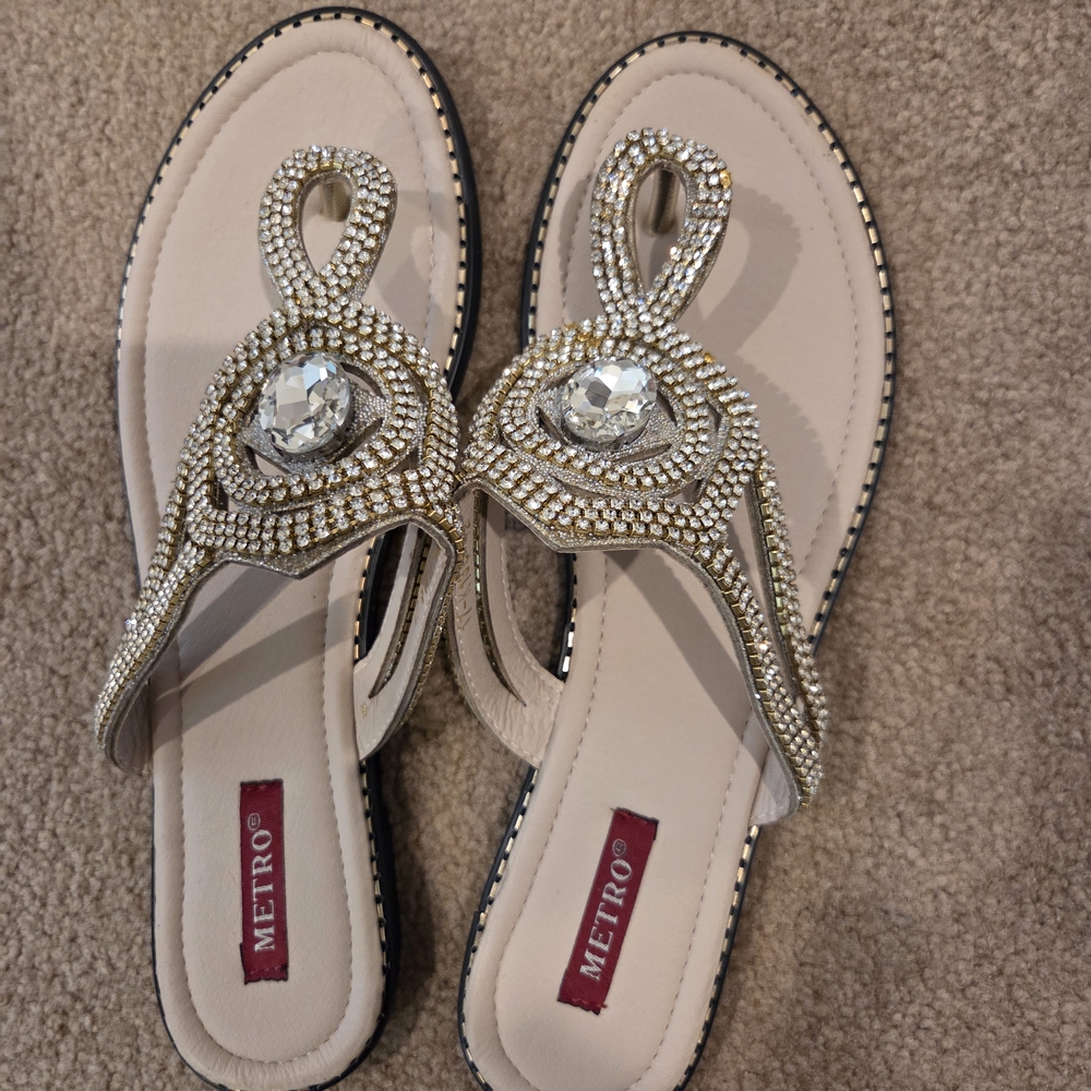 Metro Gold and Cream Sandals with Rhinestone Embellishments